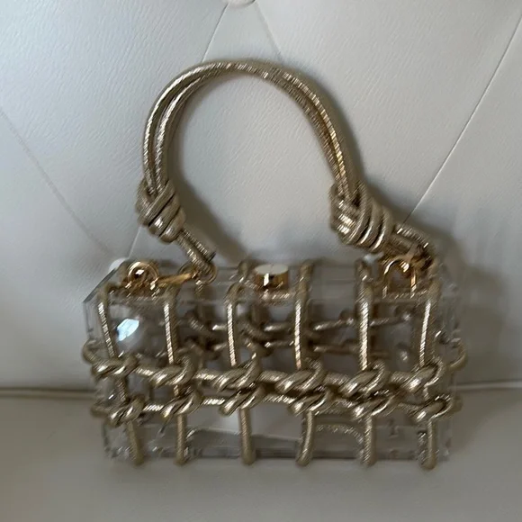 Gold Braided, Gold chain, Two Way Box Clutch & Shoulder Bag, Transparent bag. Mini Bags